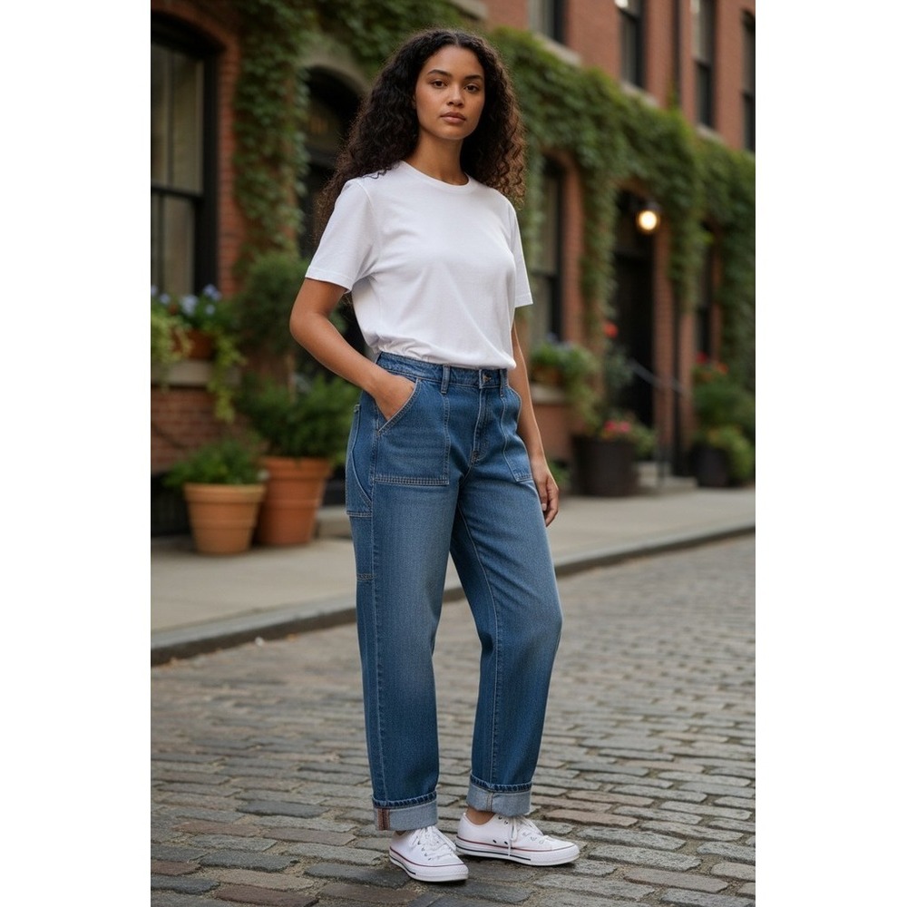 Good American Weekender Jeans Womens Petite 16 Med Wash‎ High Rise Slim Straight